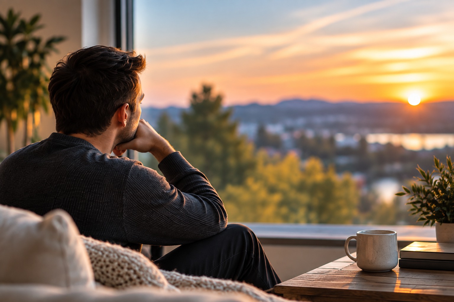 A man sitting quietly beside a window at sunset