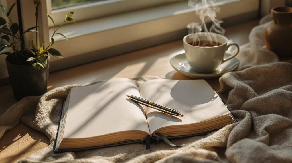 Open journal and pen beside a warm cup of coffee in natural light